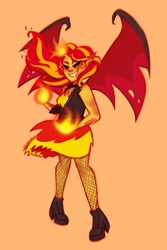 Size: 1274x1911 | Tagged: source needed, safe, artist:liviedoesart, derpibooru import, sunset satan, sunset shimmer, equestria girls, g4, clothes, dress, fiery shimmer, fire, fishnets, simple background, smiling, solo, wings
