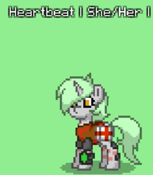 Size: 713x813 | Tagged: safe, artist:blackblade360, derpibooru import, oc, oc only, oc:heartbeat, pony, unicorn, fallout equestria, armor, armored pony, ashes town, bag, cyan mane, eyelashes, female, golden eyes, gray coat, green background, horn, mare, medical saddlebag, pipbuck, pixel art, scar, simple background, solo, standing, title card, unicorn oc