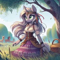 Size: 1024x1024 | Tagged: safe, ai content, derpibooru import, machine learning generated, derpy hooves, anthro, horse, unicorn, cyrillic, horn, leaves, race swap, russian, slavic, solo, tree