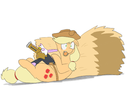 Size: 1033x733 | Tagged: safe, artist:kushina13, derpibooru import, applejack, gilda, earth pony, pony, female, gun, gunified, haystack, inanimate tf, lying down, mare, mouth hold, on back, simple background, solo, transformation, weapon, white background