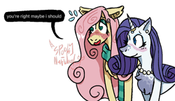 Size: 1018x586 | Tagged: safe, artist:spooky-narwhal, derpibooru import, part of a set, fluttershy, rarity, pegasus, pony, unicorn, blushing, chest fluff, clothes, duo, freckles, heart, heart eyes, horn, jewelry, necklace, scarf, simple background, text, transparent background, wingding eyes