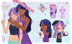 Size: 2300x1400 | Tagged: safe, artist:furaneesu, derpibooru import, spike, starlight glimmer, twilight sparkle, twilight sparkle (alicorn), alicorn, dragon, human, pony, unicorn, abstract background, beanie, clothes, cooking, dark skin, dress, drink, ear piercing, earring, female, fingerless gloves, glasses, gloves, hair curlers, hat, headband, horn, hug, hug from behind, humanized, jewelry, lesbian, male, mare, morning, piercing, ring, shipping, short shirt, spatula, towel, towel on head, twistarlight