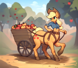 Size: 2352x2048 | Tagged: safe, ai content, derpibooru import, machine learning generated, applejack, centaur, earth pony, ponytaur, taur, apple, apple tree, belly button, cart, centaurified, clothes, female, front knot midriff, harness, high res, mare, midriff, prompter:goodman3, shirt, solo, species swap, tree