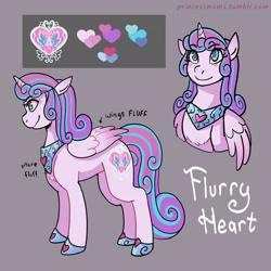 Size: 2166x2166 | Tagged: safe, artist:overlordneon, derpibooru import, princess flurry heart, alicorn, pony, g4, bust, eyebrows, eyebrows visible through hair, female, gray background, hoof shoes, mare, name, older, older flurry heart, peytral, princess shoes, reference sheet, simple background, smiling, solo