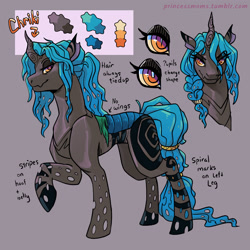 Size: 2166x2166 | Tagged: safe, artist:overlordneon, derpibooru import, oc, oc only, oc:chriki, changeling, bust, changeling oc, female, gray background, high res, name, offspring, parent:queen chrysalis, raised hoof, raised leg, reference sheet, simple background, smiling, solo, text