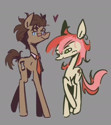 Size: 1815x2042 | Tagged: safe, artist:ubiquitousdeer, derpibooru import, doctor whooves, roseluck, earth pony, pony, g4, duo, ear piercing, earring, female, glasses, gray background, jewelry, male, mare, necktie, piercing, ship:doctorrose, shipping, simple background, stallion, straight
