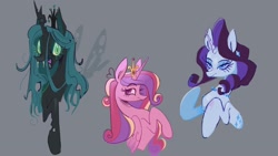 Size: 2048x1152 | Tagged: safe, artist:ubiquitousdeer, derpibooru import, princess cadance, queen chrysalis, rarity, alicorn, changeling, changeling queen, pony, unicorn, g4, fangs, female, gray background, horn, jewelry, mare, necklace, regalia, simple background