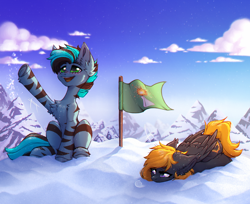 Size: 3000x2444 | Tagged: safe, artist:viryav, derpibooru import, oc, oc only, pegasus, pony, zebra, bags under eyes, big eyes, blush lines, blushing, cloud, complex background, female, flag, fluffy, folded wings, happy, looking away, lying down, male, male oc, mare, mountain, sky, smiling, snow, snowfall, snowflake, sparkles, stallion, tired, wings, winning