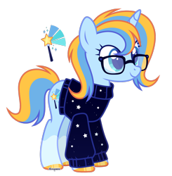 Size: 1404x1430 | Tagged: safe, artist:donquani, derpibooru import, oc, oc only, oc:leger demain, pony, unicorn, base used, blue coat, clothes, cutie mark, glasses, horn, simple background, smiling, solo, sweater, transparent background, unicorn oc