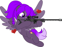 Size: 6515x5000 | Tagged: safe, artist:jhayarr23, derpibooru import, oc, oc only, oc:violet flame, pegasus, fallout equestria, blaze (coat marking), coat markings, commission, commissioner:solar aura, facial markings, gradient tail, gun, pegasus oc, ponytail, rifle, simple background, sniper, sniper rifle, solo, tail, transparent background, weapon, wings