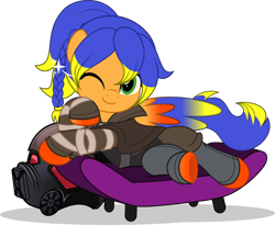 Size: 6088x5000 | Tagged: safe, artist:jhayarr23, derpibooru import, oc, oc only, oc:solar aura, pegasus, fallout equestria, armor, braid, colored wings, commission, commissioner:solar aura, gradient hooves, gradient wings, helmet, ncr ranger, one eye closed, pegasus oc, ponytail, ranger, simple background, sofa, solo, transparent background, wings, wink