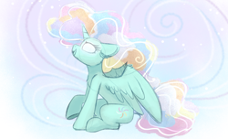 Size: 1280x777 | Tagged: safe, artist:lbrcloud, derpibooru import, oc, oc only, alicorn, pony, alicorn oc, ethereal mane, female, glowing, glowing eyes, horn, looking up, mare, open mouth, open smile, sitting, smiling, solo, wings