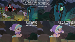 Size: 2000x1125 | Tagged: safe, derpibooru import, edit, edited screencap, editor:quoterific, screencap, cozy glow, lord tirek, queen chrysalis, frenemies (episode), campfire, tree stump