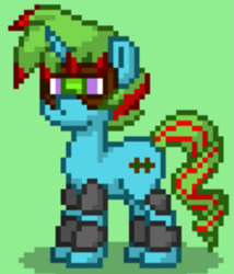 Size: 439x512 | Tagged: safe, artist:blackblade360, derpibooru import, oc, oc only, oc:sharpeye, pony, unicorn, fallout equestria, armor, armored pony, ashes town, blue coat, blue skin, goggles, green background, green mane, horn, pixel art, purple eyes, simple background, solo, standing, tail, two toned mane, two toned tail, unicorn oc