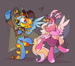 Size: 3598x3147 | Tagged: safe, artist:singingsun, derpibooru import, oc, oc only, oc:singing sun, pegasus, pony, abstract background, clothes, duo, duo female, female, full body, looking at each other, looking at someone, pegasus oc, spread wings, wings