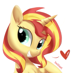 Size: 647x641 | Tagged: safe, artist:twiliset, derpibooru import, sunset shimmer, pony, unicorn, equestria girls, g4, cute, gritted teeth, happy, heart, horn, looking at you, simple background, solo, teeth, white background