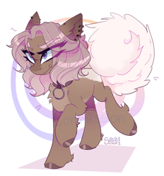 Size: 2092x2259 | Tagged: safe, artist:singingsun, derpibooru import, oc, oc only, pony, abstract background, chest fluff, ear piercing, earring, female, fluffy tail, jewelry, piercing, raised hoof, raised leg, raised tail, simple background, smiling, solo, tail, white background