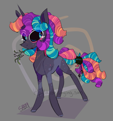 Size: 2570x2754 | Tagged: safe, artist:singingsun, derpibooru import, oc, oc only, pony, unicorn, black sclera, female, full body, gray background, horn, simple background, solo, unicorn oc