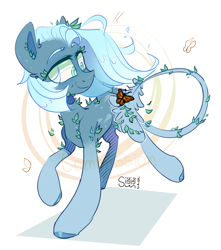 Size: 2138x2420 | Tagged: safe, artist:singingsun, derpibooru import, oc, oc only, butterfly, pony, abstract background, female, leaves, leaves in hair, raised hoof, raised leg, running, simple background, solo, white background