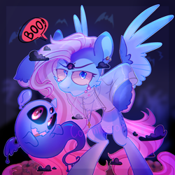 Size: 3000x3000 | Tagged: safe, artist:singingsun, derpibooru import, oc, oc only, ghost, pegasus, pony, undead, clothes, costume, duo, ear piercing, earring, female, halloween, halloween costume, holiday, jewelry, night, pegasus oc, piercing, scaring