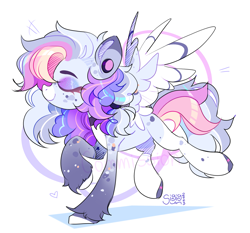 Size: 2505x2336 | Tagged: safe, artist:singingsun, derpibooru import, oc, oc only, pegasus, pony, eyes closed, female, multicolored hair, pegasus oc, raised hoof, raised leg, solo, spread wings, unshorn fetlocks, wings