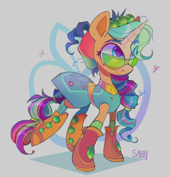 Size: 3004x3133 | Tagged: safe, artist:singingsun, derpibooru import, oc, oc only, pony, unicorn, abstract background, clothes, female, full body, horn, solo, unicorn oc