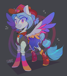 Size: 2548x2876 | Tagged: safe, artist:singingsun, derpibooru import, oc, oc only, pegasus, pony, abstract background, clothes, female, full body, gray background, hat, pegasus oc, simple background, skirt, solo