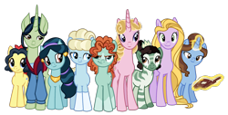 Size: 1889x958 | Tagged: safe, artist:dazzle, derpibooru import, earth pony, pony, unicorn, zebra, accessory, belle, book, cinderella, clothes, disney princess, ear piercing, earring, g4 style, gloves, group, hanfu, horn, jasmine, jewelry, magic, merida, mulan, physique difference, piercing, ponified, rapunzel, simple background, sleeping beauty, snow white, species swap, telekinesis, tiana, transparent background
