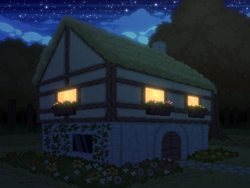 Size: 800x600 | Tagged: safe, artist:rangelost, derpibooru import, cyoa, cyoa:d20 pony, flower, house, night, no pony, pixel art, story included, tree