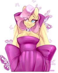 Size: 1631x2048 | Tagged: safe, artist:u_lu_lu, derpibooru import, fluttershy, anthro, butterfly, pegasus, abstract background, armpits, big breasts, breasts, cleavage, clothes, dress, evening gloves, female, gloves, hootershy, jewelry, long gloves, looking at you, marilyn monroe, necklace, solo