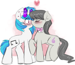 Size: 859x754 | Tagged: safe, artist:saltylenpai, derpibooru import, dj pon-3, octavia melody, vinyl scratch, earth pony, pony, unicorn, g4, blushing, bowtie, concave belly, duo, duo female, eyes closed, female, heart, horn, kiss on the lips, kissing, lesbian, mare, raised hoof, raised leg, scratchtavia, shipping, simple background, tail, white background