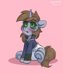 Size: 2233x2577 | Tagged: safe, artist:bloodymrr, derpibooru import, oc, oc:littlepip, pony, unicorn, fallout equestria, abdl, blushing, brown mane, clothes, commission, diaper, drawing, ears back, frog (hoof), horn, hypno eyes, jacket, looking up, open mouth, pink background, simple background, sitting, solo, underhoof