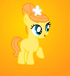 Size: 360x390 | Tagged: safe, artist:katiegirlsforever, derpibooru import, oc, oc only, oc:orange bloom, earth pony, pony, g4, bow, cute, female, filly, flower, flower in hair, foal, gradient background, ocbetes, offspring, open mouth, open smile, orange background, orange hair, orange mane, orange tail, parent:aunt orange, parent:uncle orange, parents:the oranges, raised hoof, raised leg, simple background, smiling, solo, tail, teal eyes, yellow coat
