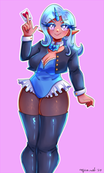 Size: 2275x3767 | Tagged: safe, artist:mylittleyuri, derpibooru import, trixie, human, blushing, boots, bowtie, card, clothes, corset, cute, diatrixes, elf ears, eyeshadow, female, fishnet stockings, heart, heart eyes, horn, horned humanization, humanized, jacket, leather, leather jacket, makeup, nail polish, pink background, playing card, shoes, simple background, solo, stockings, thigh boots, thigh highs, wingding eyes