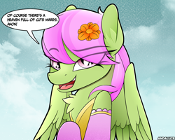 Size: 2100x1677 | Tagged: safe, artist:andaluce, derpibooru import, merry may, pegasus, bronybait, chest fluff, clothes, cloud, dress, eyebrows, eyebrows visible through hair, female, flower, flower in hair, looking at you, mare, partially open wings, socks, solo, speech bubble, talking to viewer, wings