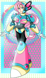 Size: 1139x1916 | Tagged: safe, artist:rockmangurlx, derpibooru import, fluttershy, robot, abstract background, armor, crossover, female, gynoid, megaman x, ponytail, reploid, solo, species swap