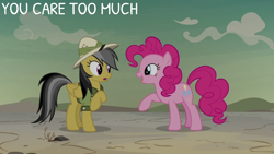 Size: 2000x1125 | Tagged: safe, derpibooru import, edit, edited screencap, editor:quoterific, screencap, daring do, pinkie pie, earth pony, pegasus, pony, daring done?, g4, clothes, duo, female, heartwarming, mare, pith helmet, raised hoof, raised leg, shirt