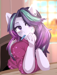 Size: 768x1024 | Tagged: safe, artist:peanutfrogy, derpibooru import, starlight glimmer, anthro, human, equestria girls, g4, chair, classroom, clothes, crepuscular rays, cute, desk, ear piercing, earring, explosion, female, glimmerbetes, hair over one eye, humanized, imminent death, impending doom, jewelry, meme, pen, pen in mouth, piercing, ponied up, scary, schoolgirl, shirt, star explosion, sun explision, sunlight, thinking, this is fine, vulgar description, window