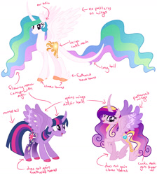 Size: 1280x1427 | Tagged: safe, artist:monochrome-sunsets, derpibooru import, princess cadance, princess celestia, twilight sparkle, twilight sparkle (alicorn), alicorn, pony, alternate design, cloven hooves, curved horn, ear fluff, ears, feathered fetlocks, female, horn, leonine tail, mare, open mouth, open smile, simple background, smiling, tail, trio, white background