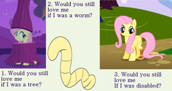 Size: 1920x1024 | Tagged: safe, artist:719418052, derpibooru import, edit, edited screencap, screencap, fluttershy, pegasus, pony, worm, amputee, costume, fluttertree, flutterworm, meme, one of these things is not like the others, prosthetic leg, prosthetic limb, prosthetics, text, tree costume