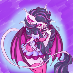 Size: 1920x1920 | Tagged: safe, artist:umbrapone, derpibooru import, oc, oc:nightshine, anthro, bat pony, undead, vampire, anthro oc, bat pony oc, bat wings, clothes, dress, fangs, jewelry, laughing, lolita fashion, long hair, long tail, pendant, smiling, smug, smug smile, socks, solo, tail, thigh highs, wings