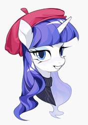 Size: 1446x2048 | Tagged: safe, artist:6ji5z6gmst1j2vs, derpibooru import, rarity, pony, unicorn, g4, beatnik rarity, beret, bust, clothes, female, grin, hat, horn, looking at you, mare, simple background, smiling, smiling at you, solo, sweater, turtleneck, white background