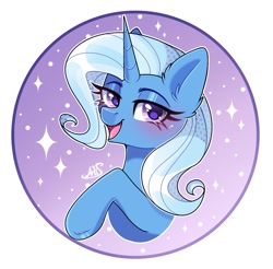 Size: 1139x1122 | Tagged: safe, artist:arllistar, derpibooru import, trixie, pony, unicorn, g4, bust, circle background, cute, diatrixes, ear fluff, ears, female, gradient background, horn, looking at you, mare, open mouth, open smile, smiling, solo