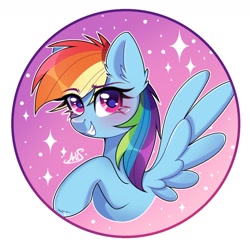 Size: 1354x1321 | Tagged: safe, artist:arllistar, derpibooru import, rainbow dash, pegasus, pony, g4, bust, circle background, cute, dashabetes, ear fluff, ears, female, gradient background, grin, looking at you, mare, smiling, solo, spread wings, wings