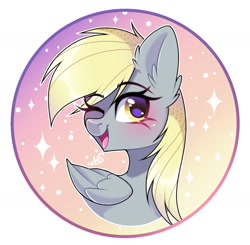 Size: 1347x1318 | Tagged: safe, artist:arllistar, derpibooru import, derpy hooves, pegasus, pony, g4, bust, circle background, cute, derpabetes, ear fluff, ears, female, gradient background, looking at you, mare, one eye closed, open mouth, solo, wink, winking at you