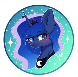 Size: 1219x1209 | Tagged: safe, artist:arllistar, derpibooru import, princess luna, alicorn, pony, g4, bust, circle background, cute, ear fluff, ears, female, gradient background, looking at you, lunabetes, mare, solo