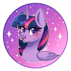 Size: 1082x1073 | Tagged: safe, artist:arllistar, derpibooru import, twilight sparkle, twilight sparkle (alicorn), alicorn, pony, g4, bust, circle background, ear fluff, ears, female, gradient background, looking at you, mare, open mouth, open smile, smiling, solo