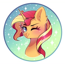 Size: 1108x1094 | Tagged: safe, artist:arllistar, derpibooru import, sunset shimmer, pony, unicorn, g4, bust, circle background, ear fluff, ears, female, gradient background, horn, looking at you, mare, one eye closed, solo, wink, winking at you