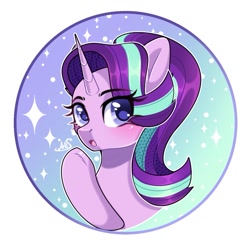 Size: 1163x1117 | Tagged: safe, artist:arllistar, derpibooru import, starlight glimmer, pony, unicorn, g4, :o, bust, circle background, ear fluff, ears, female, gradient background, horn, looking at you, mare, open mouth, solo