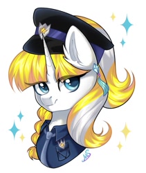 Size: 1169x1387 | Tagged: safe, artist:arllistar, derpibooru import, oc, oc only, pony, unicorn, bust, clothes, ear fluff, ear piercing, earring, ears, female, horn, jewelry, looking at you, mare, piercing, police badge, police hat, police uniform, portrait, simple background, solo, white background